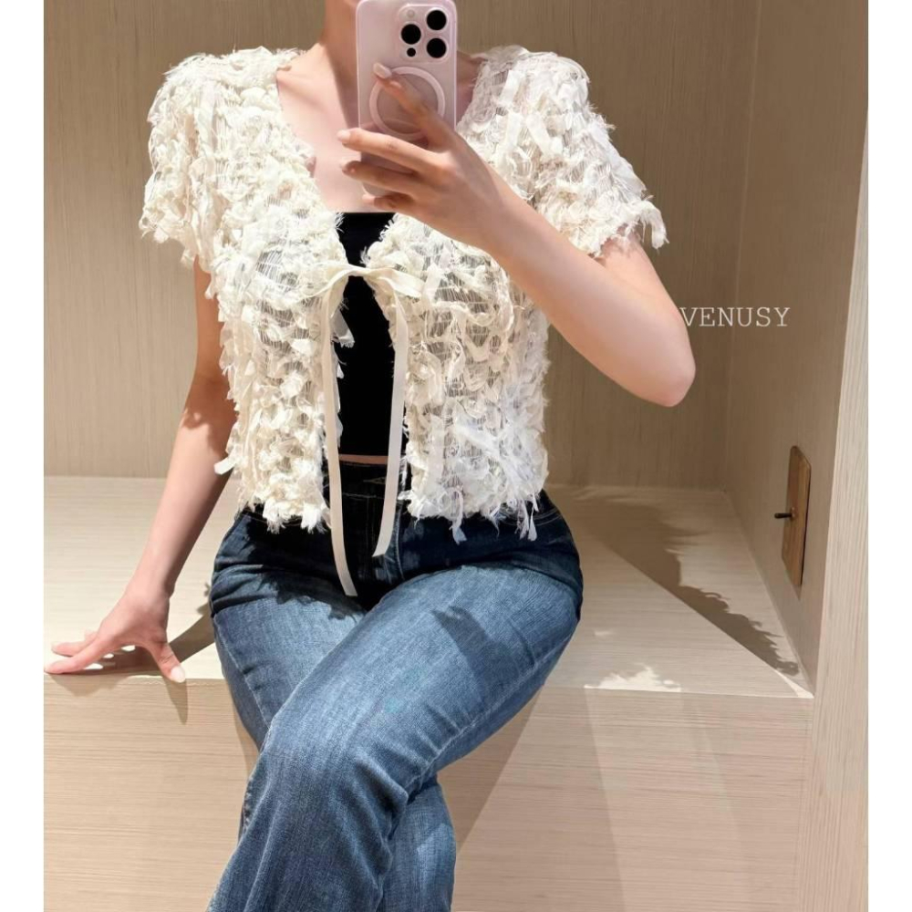 【仙氣單品】VENUSY漢南小姐｜正韓 - 立體緞帶短版開衫．法式綁帶設計．立體質感．顯瘦短版上衣-細節圖2