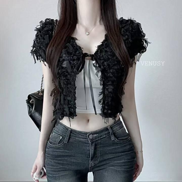 【仙氣單品】VENUSY漢南小姐｜正韓 - 立體緞帶短版開衫．法式綁帶設計．立體質感．顯瘦短版上衣-細節圖3