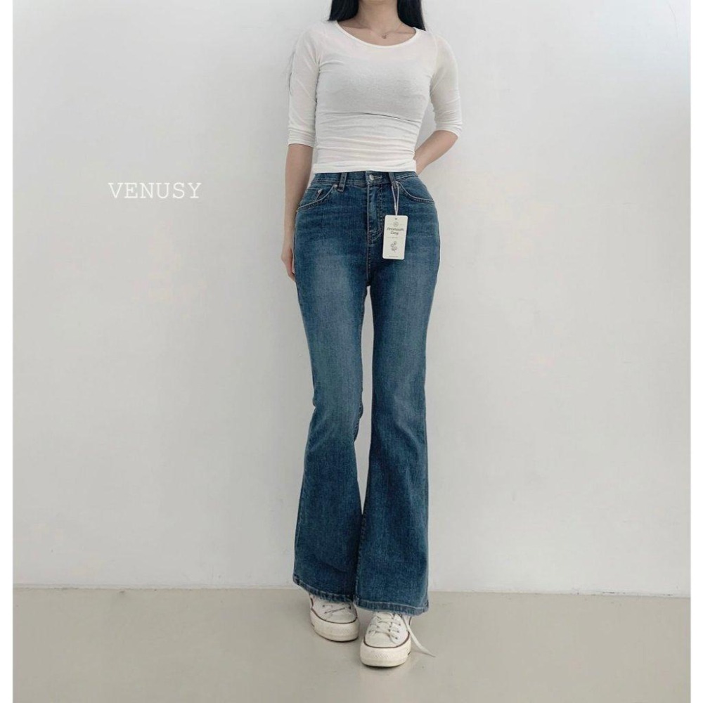 【彈力舒適．97%棉親膚】VENUSY漢南小姐｜正韓 - 彈力復古刷色喇叭牛仔褲．砂洗喇叭丹寧褲-細節圖2