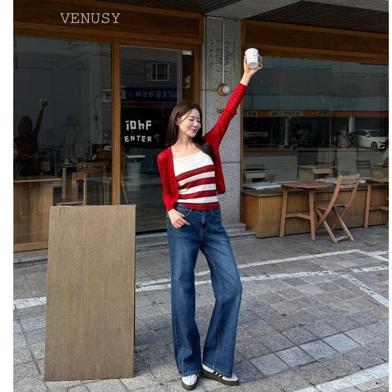 【慵懶率性】VENUSY漢南小姐｜正韓 - 半寬鬆直筒丹寧長褲．高彈收腹牛仔褲．修飾腿型寬褲