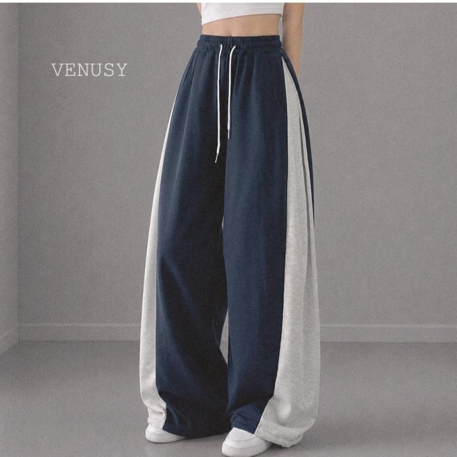 【街頭率性】VENUSY漢南小姐｜正韓 - 側邊撞色抽繩寬褲．休閒長褲．棉褲
