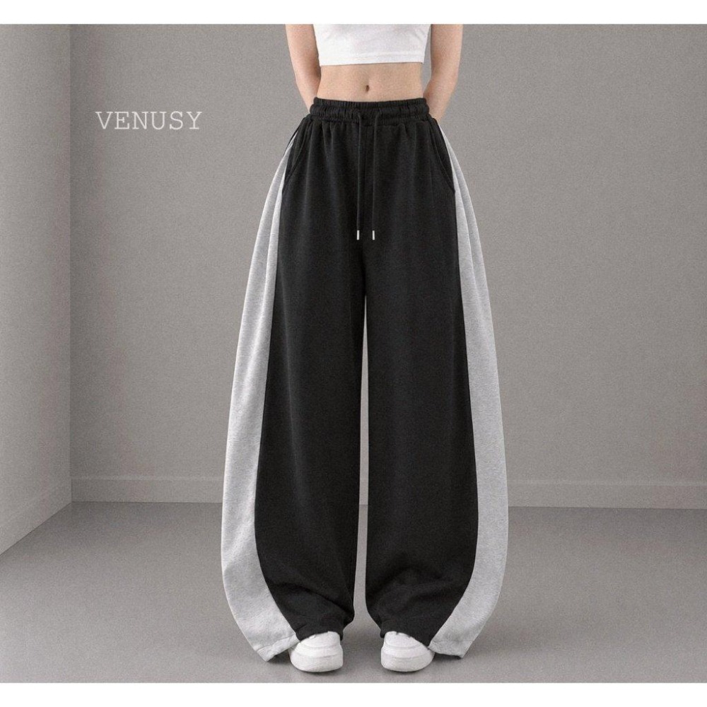 【街頭率性】VENUSY漢南小姐｜正韓 - 側邊撞色抽繩寬褲．休閒長褲．棉褲-細節圖5