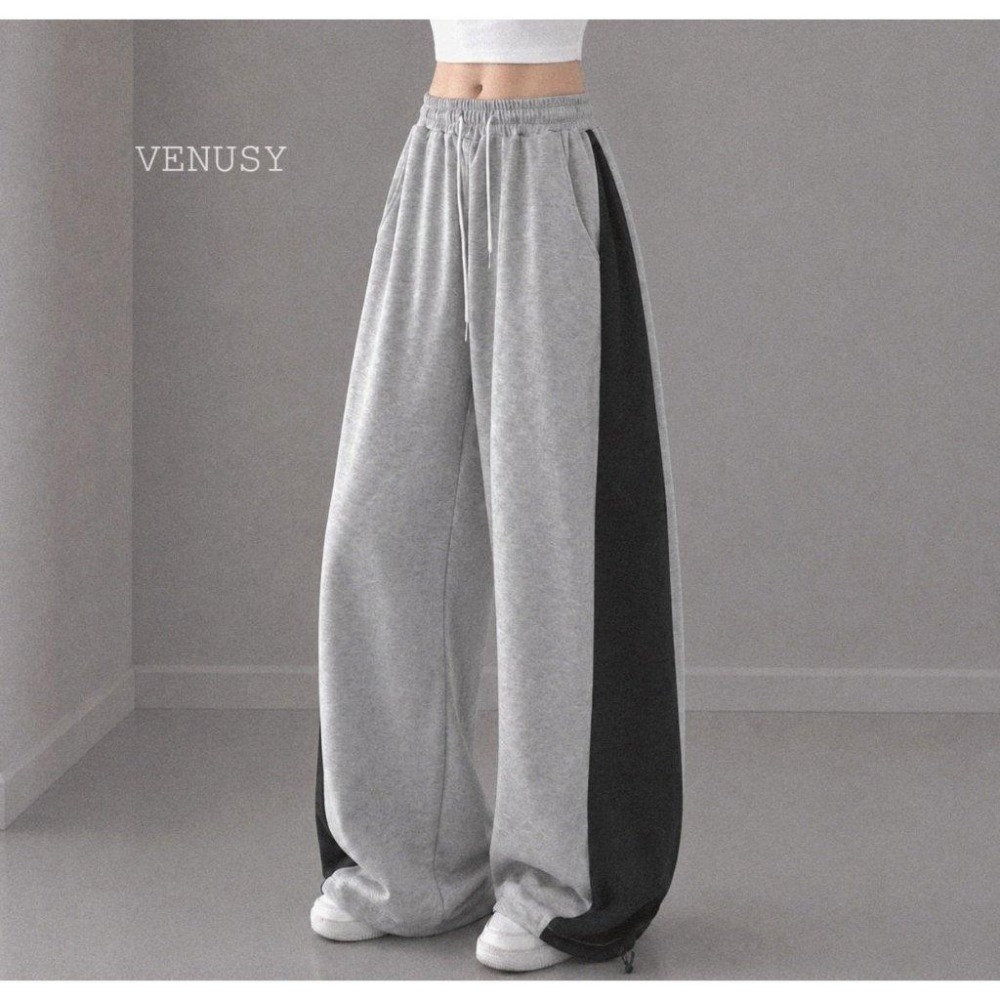 【街頭率性】VENUSY漢南小姐｜正韓 - 側邊撞色抽繩寬褲．休閒長褲．棉褲-細節圖8