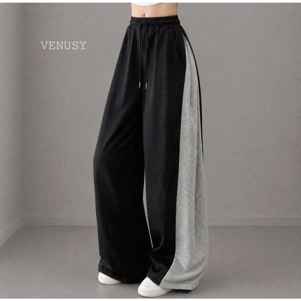 【街頭率性】VENUSY漢南小姐｜正韓 - 側邊撞色抽繩寬褲．休閒長褲．棉褲-細節圖9