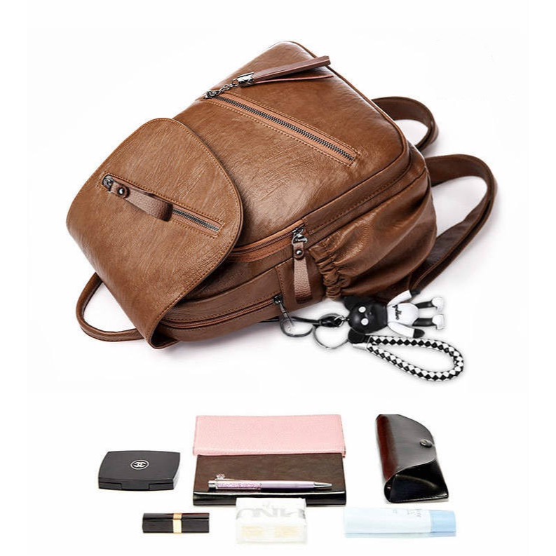 防水焦糖色女生氣質可愛簡約百搭皮革後背包-細節圖2