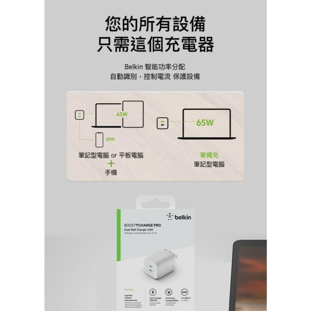 Belkin BOOST↑CHARGE™雙USB-C GaN PPS旅充-65W(WCH013dqWH )充電頭 旅充頭-細節圖8