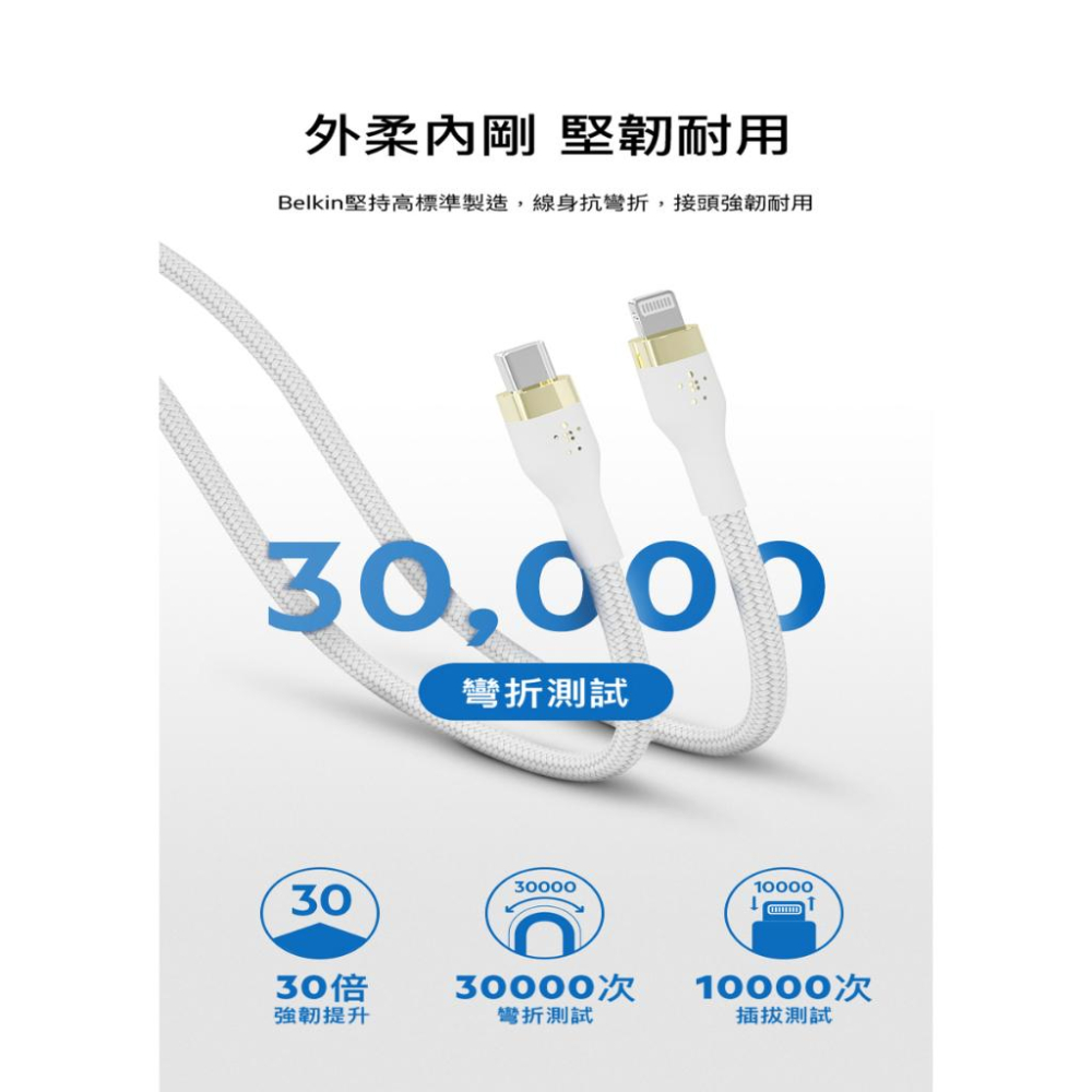 Belkin BOOST↑CHARGE PRO Flex USB-C轉Lightning傳輸線(1M)CAA011bt-細節圖9