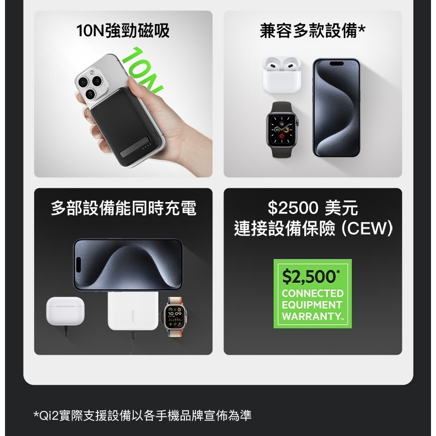 Belkin BoostCharge Pro Qi2 磁吸無線充電行動電源10000mAh-黑/白(BPD008)-細節圖4