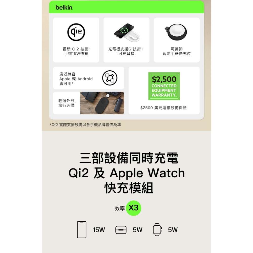 Belkin  BoostCharge Pro Qi2 MagSafe 15W 3合1無線充電板 WIZ022qc-細節圖3