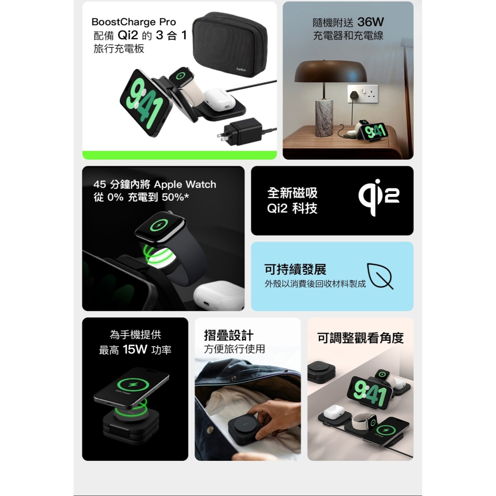 BoostCharge Pro Qi2 3合1 15W 磁吸旅行充電板 (含多國轉接頭) WIZ024fqBK-細節圖4