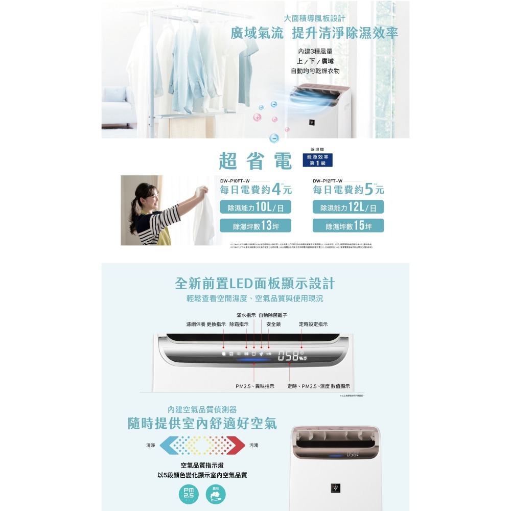 SHARP 夏普 12L 自動除菌離子 2合1 空氣清淨除濕機 DW-P12FT-W --細節圖8