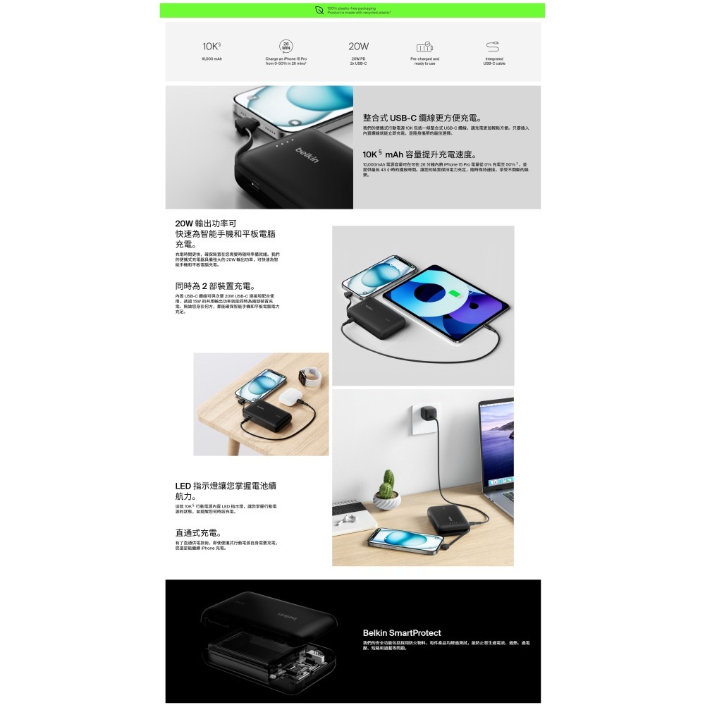 Belkin BoostCharge 10000mAh 有CCC認證標示 行動電源 (自帶線) BPB021fq-細節圖5