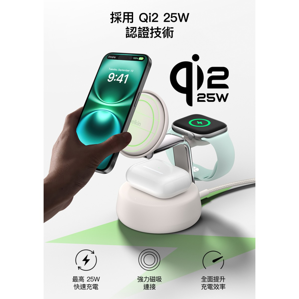 Belkin UltraCharge Pro Qi2 25W 3合1 磁吸充電座 (主動冷卻散熱技術) WIZ040-細節圖6