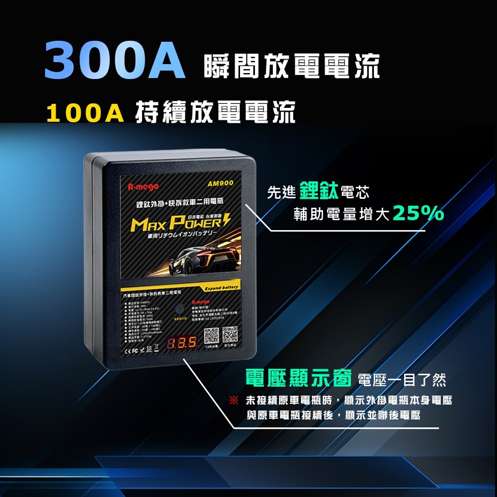 A-mego AM900 鋰鈦快拆外掛電瓶｜救車二用版 日本鋰鈦電芯・三年保固・台灣製造-細節圖5
