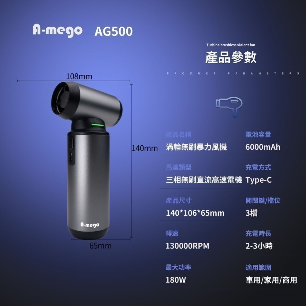 【限時購】A-mego AG500 鋁合金無刷渦輪暴力風槍｜180W強風機×LED照明×極速吹塵｜搭贈全配套件組-細節圖11