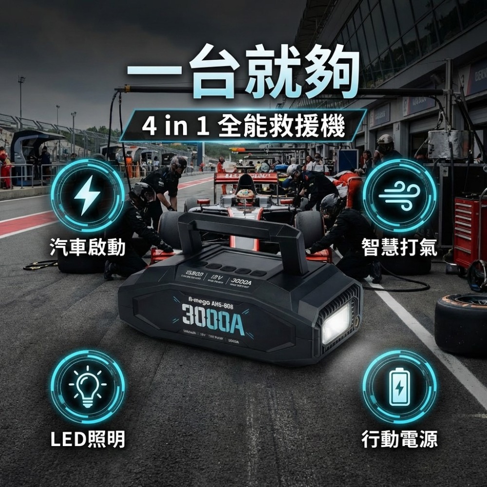 A-mego AHS-808｜賽道黑曜版 20000mAh 4in1 旗艦級｜25mm大氣缸極速打氣・強悍救車電霸-細節圖3