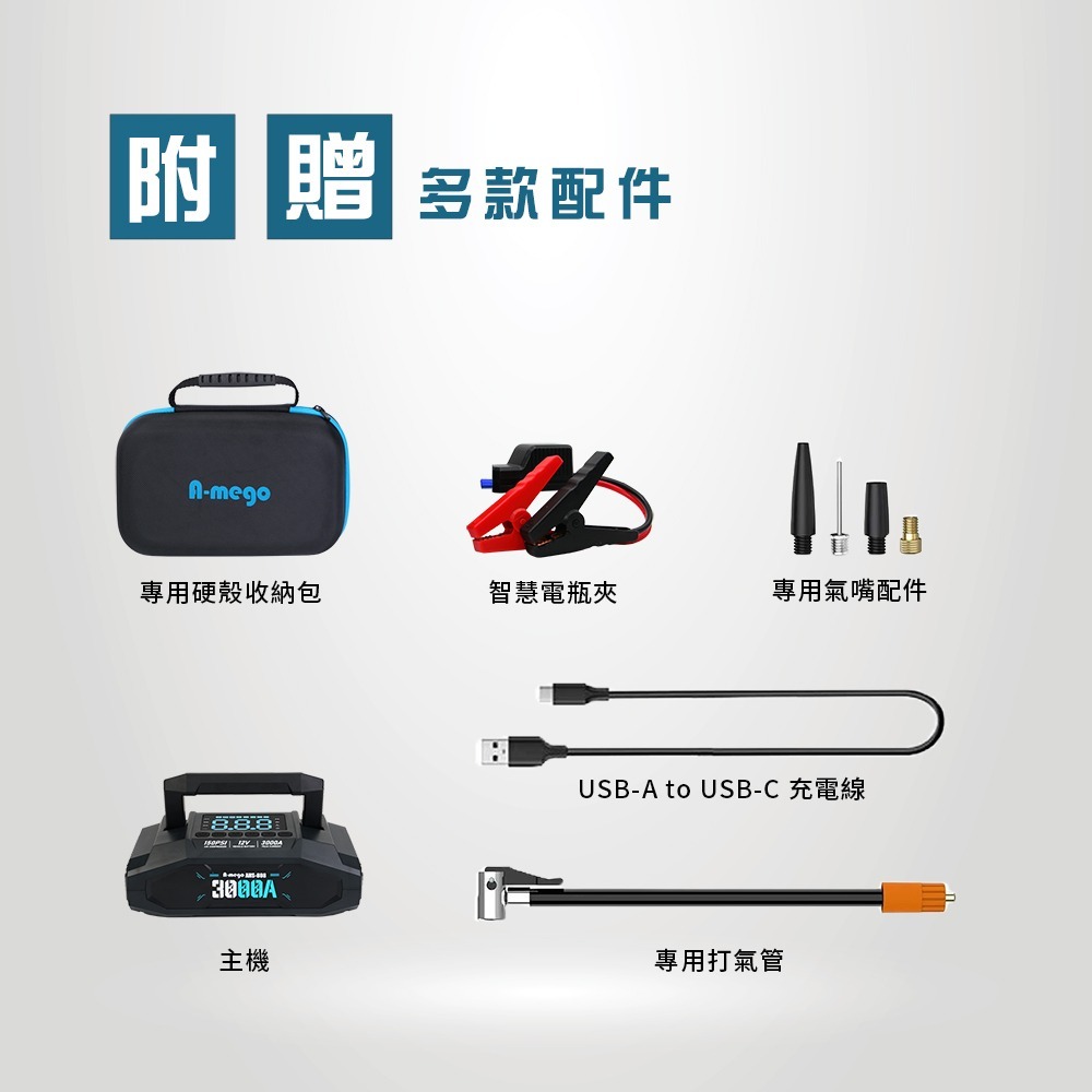 A-mego AHS-808｜賽道黑曜版 20000mAh 4in1 旗艦級｜25mm大氣缸極速打氣・強悍救車電霸-細節圖11