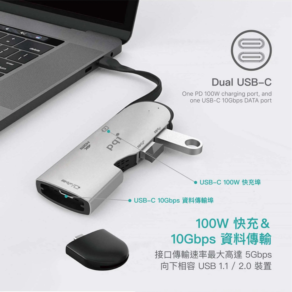 【PQI】5合1 雙USB-C 多功能集線器｜10Gbps｜4K 60Hz HDMI｜PD快充｜可拆式SD讀卡機-細節圖4