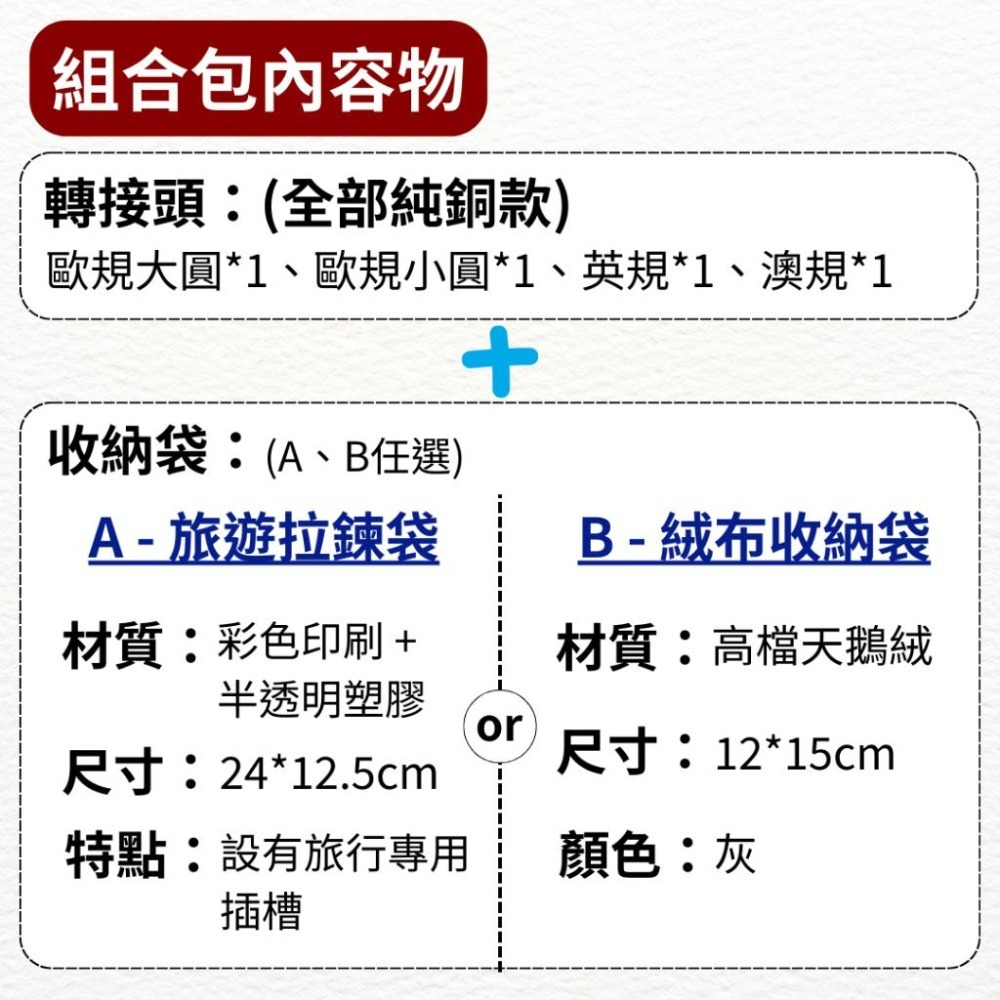 【悠悠趣】全球轉接頭 💰超值組合包 全世界通用 英規+歐規大圓+歐規小圓+澳規 旅遊拉鍊袋/絨布袋 純銅內芯 2500W-細節圖5