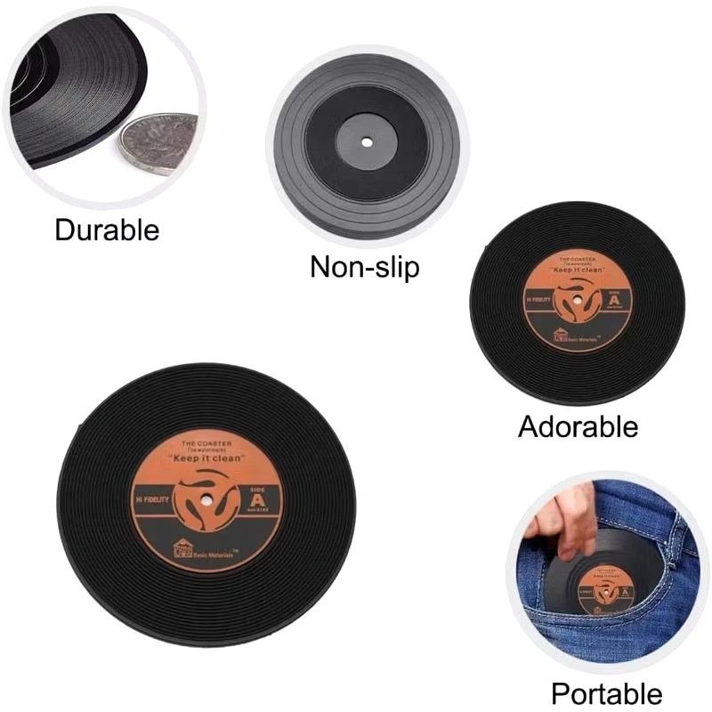 【復古黑膠唱片杯墊】2入裝 推薦 創意CD唱片 造型矽膠杯墊 咖啡杯墊 防滑杯墊-細節圖2