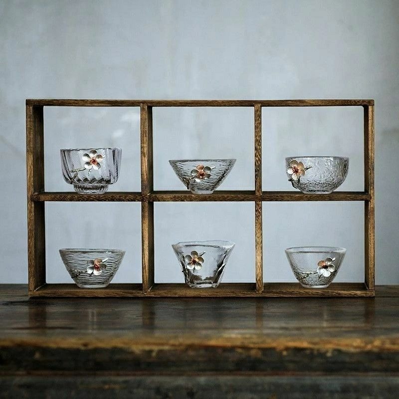 【日式玻璃杯】日式錘紋玻璃小茶杯,梅花加厚透明耐熱玻璃杯,功夫茶具茶盞,貼錫梅花酒杯-細節圖2