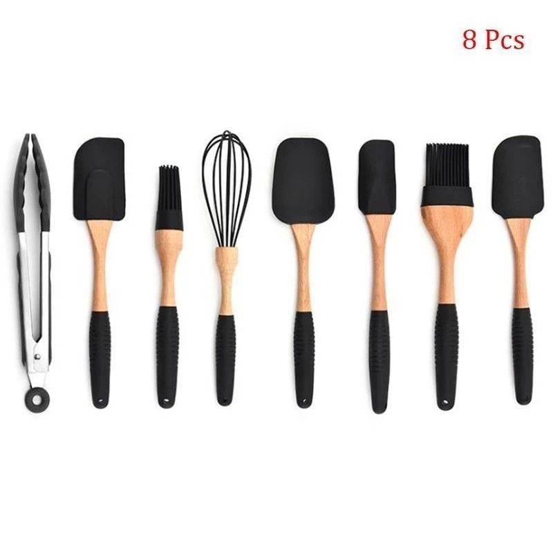 【質感烹飪烘焙用具】8入半木柄矽膠廚具套裝,不沾鍋耐高溫烹飪烘焙用具,蛋糕製作攪拌器組-細節圖6