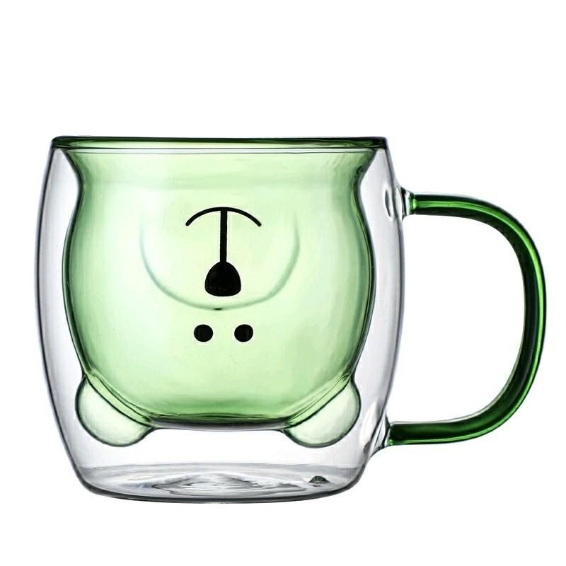 【雙層隔熱耐熱玻璃杯】帶把手3D卡通小熊杯 家用透明咖啡杯 馬克杯 交換禮物 情人節禮物 綠色/琥珀色-規格圖2