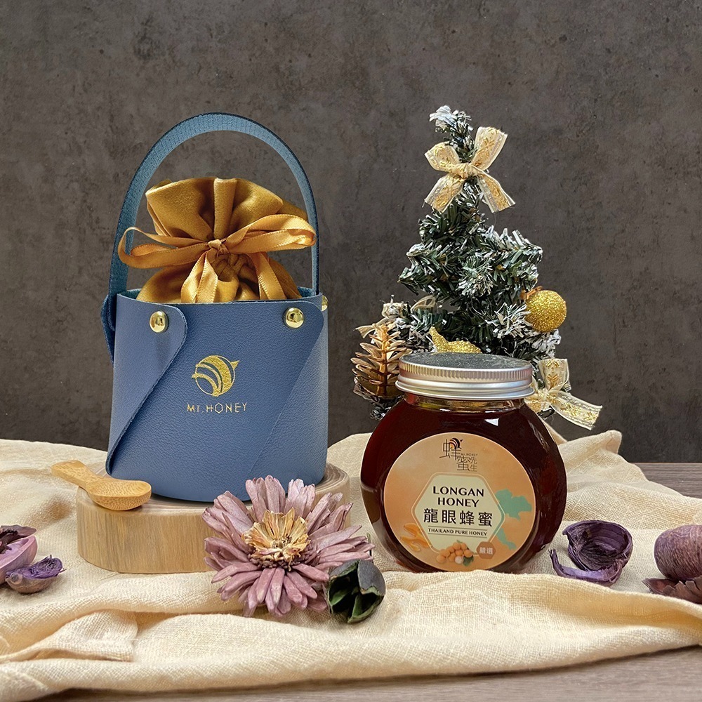 霧藍皮質提籃+金色絨布袋+木製小湯匙