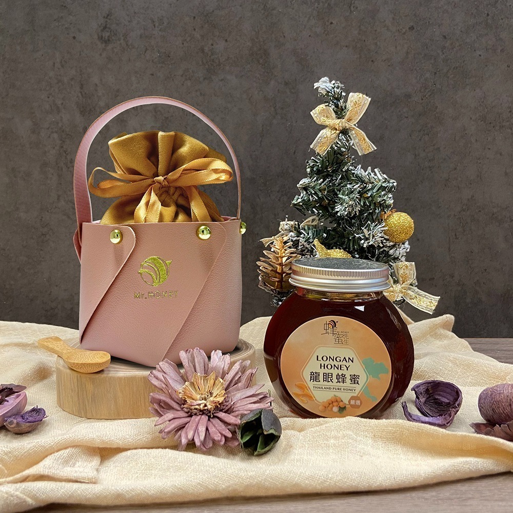 粉色皮質提籃+金色絨布袋+木製小湯匙