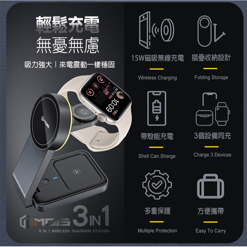 MOIS 摩世 三合一磁吸無線充電座 磁吸 magsafe 三合一 APPLE WATCH APPLE 無線充電 旅行-細節圖2