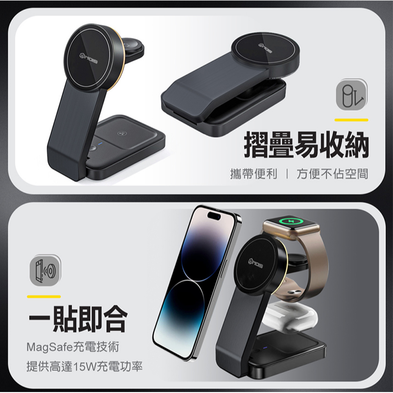 MOIS 摩世 三合一磁吸無線充電座 磁吸 magsafe 三合一 APPLE WATCH APPLE 無線充電 旅行-細節圖9