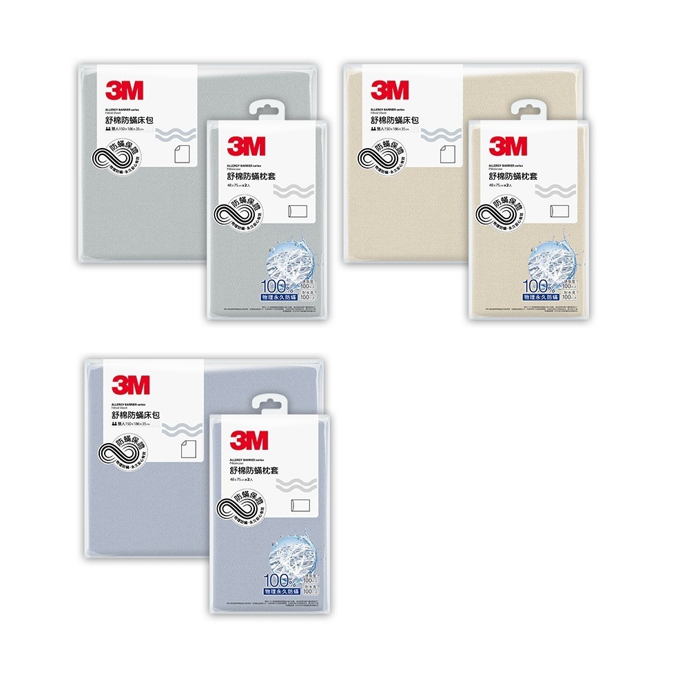 3M 新一代舒棉防蟎枕套床包組(枕套+床包)-雙人-(北歐藍 奶油米 清水灰)-規格圖2