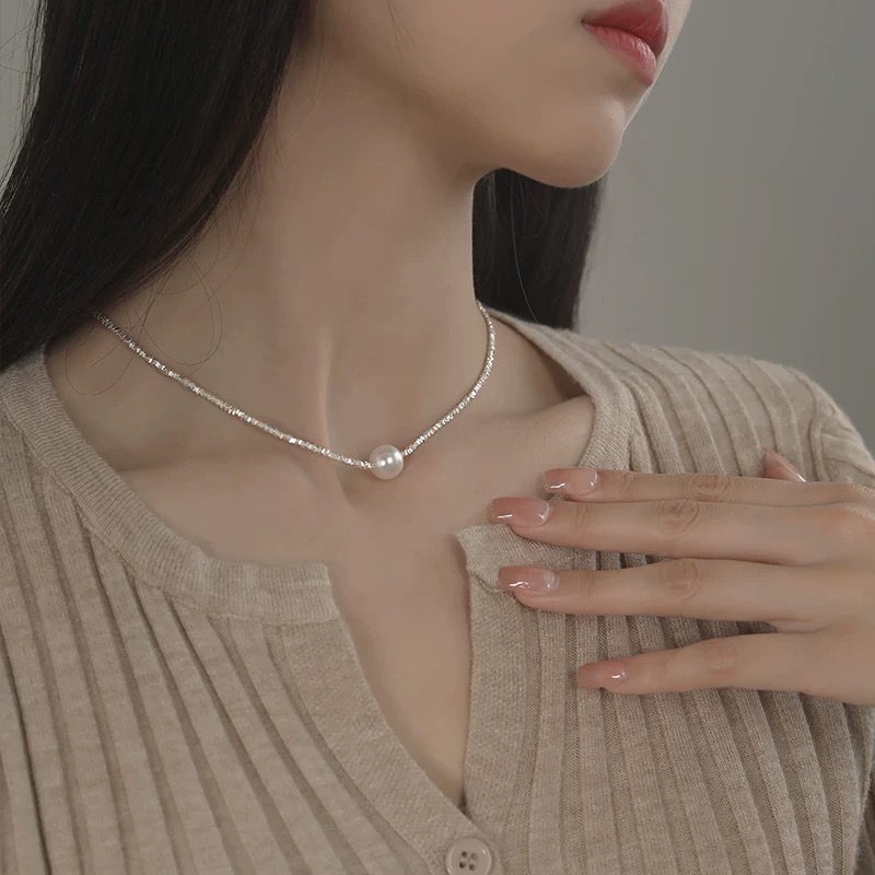 心飾Acc🇰🇷快速出貨「韓國飾品 爆閃碎銀子珍珠項鍊 銀飾項鍊 珍珠項鍊 高級 百搭鎖骨鍊-細節圖3