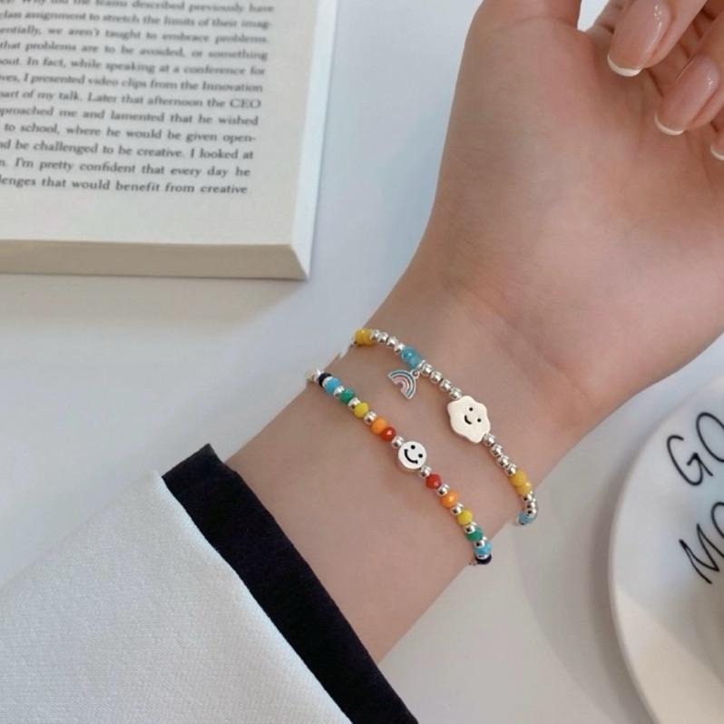 心飾Acc🇰🇷快速出貨「925純銀手鍊 s925彩虹愛心小熊銀珠純銀手鍊 彈力繩手鍊 韓國 彩虹串珠-細節圖2