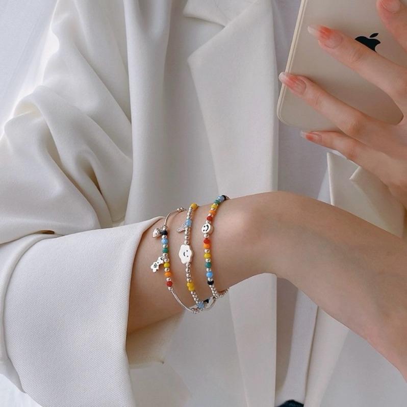 心飾Acc🇰🇷快速出貨「925純銀手鍊 s925彩虹愛心小熊銀珠純銀手鍊 彈力繩手鍊 韓國 彩虹串珠-細節圖4