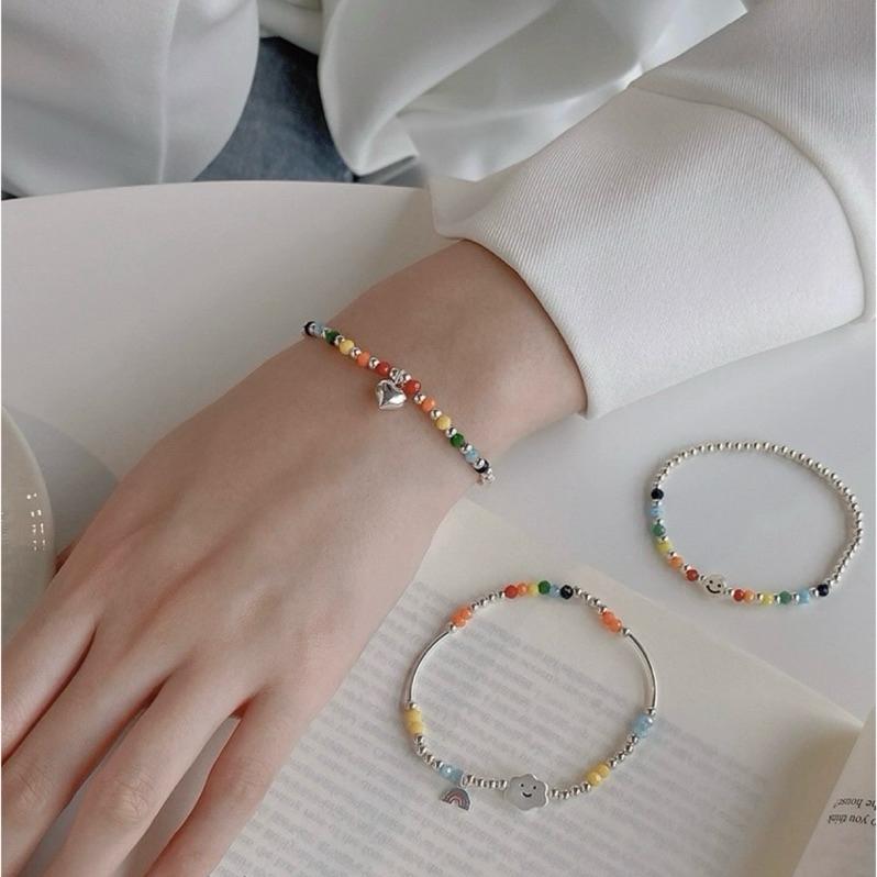 心飾Acc🇰🇷快速出貨「925純銀手鍊 s925彩虹愛心小熊銀珠純銀手鍊 彈力繩手鍊 韓國 彩虹串珠-細節圖5