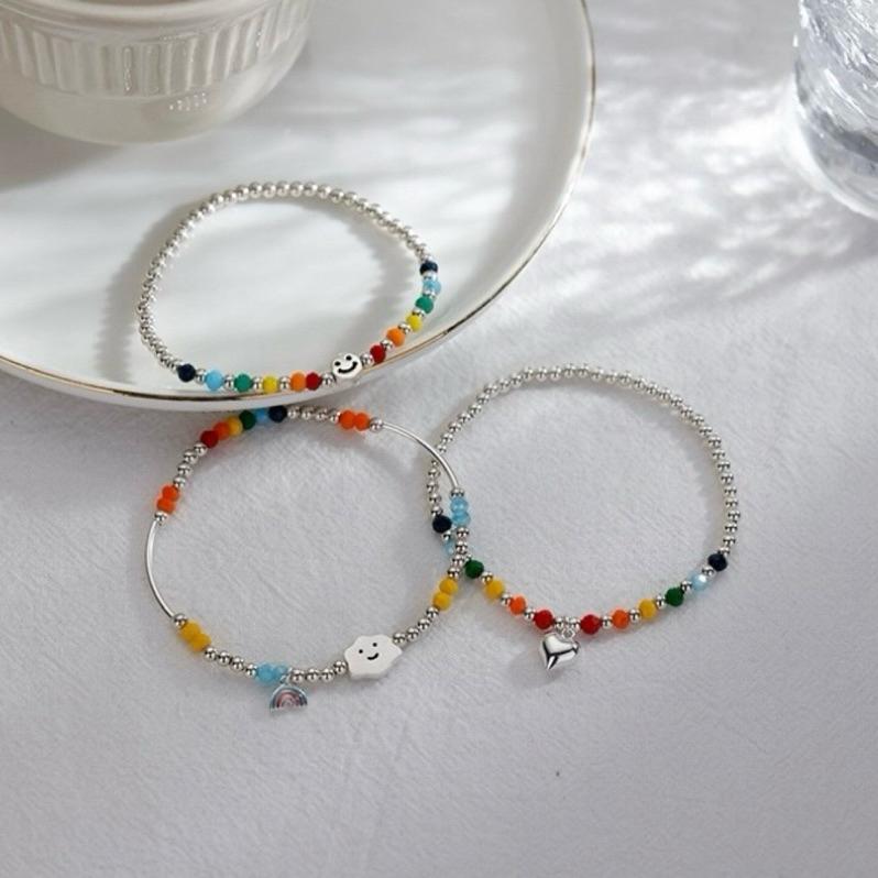 心飾Acc🇰🇷快速出貨「925純銀手鍊 s925彩虹愛心小熊銀珠純銀手鍊 彈力繩手鍊 韓國 彩虹串珠-細節圖7