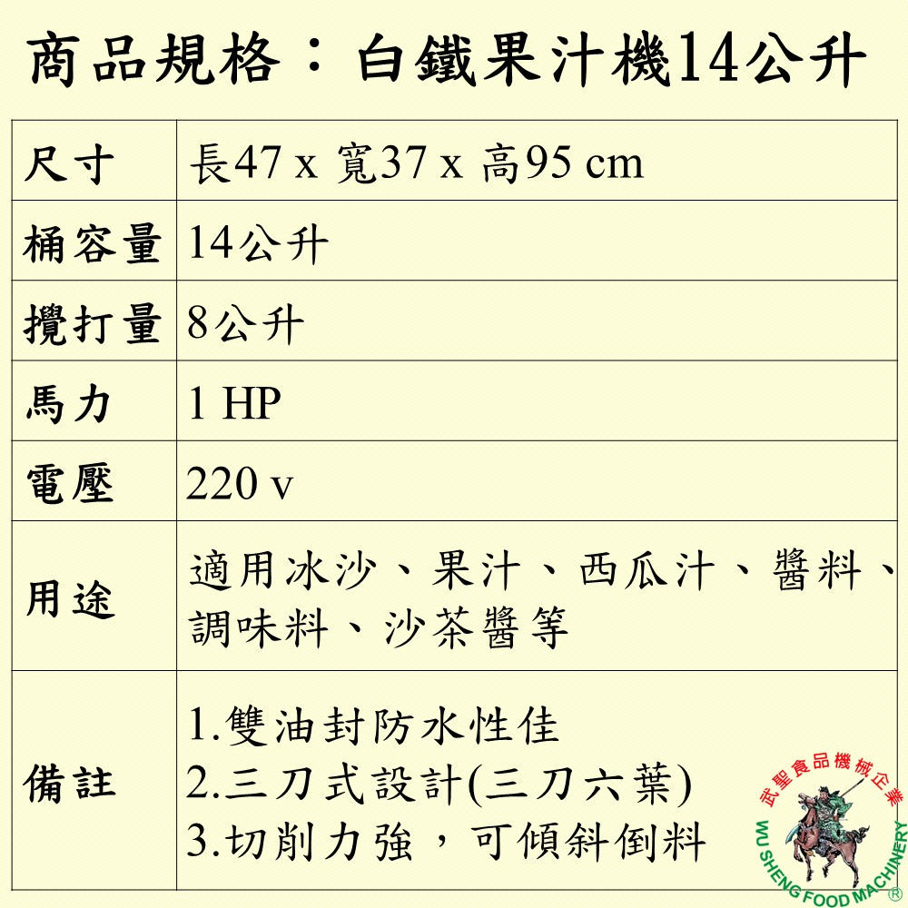 [武聖食品機械]白鐵果汁機14公升 (冰沙機/打碎機/營業用大型果汁機/商用/果菜汁 )-細節圖2