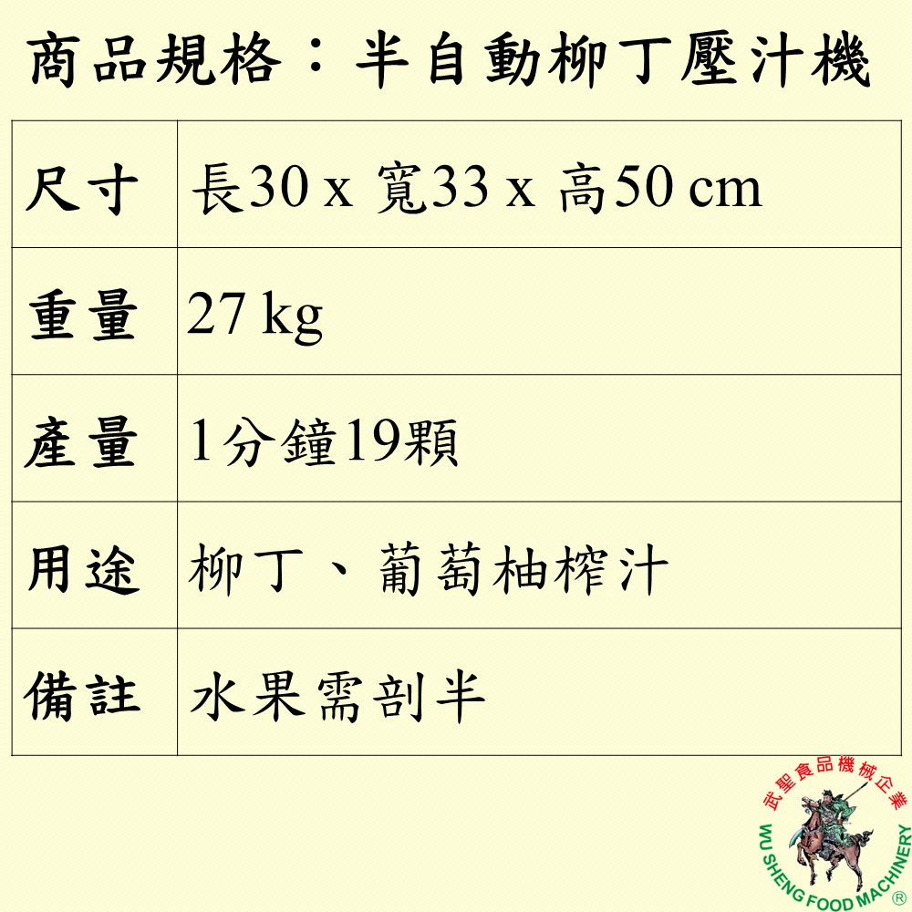 [武聖食品機械]半自動柳丁壓汁機 (剖半/柳丁機/榨果汁機/水果壓汁機/柳丁榨汁機 )-細節圖2