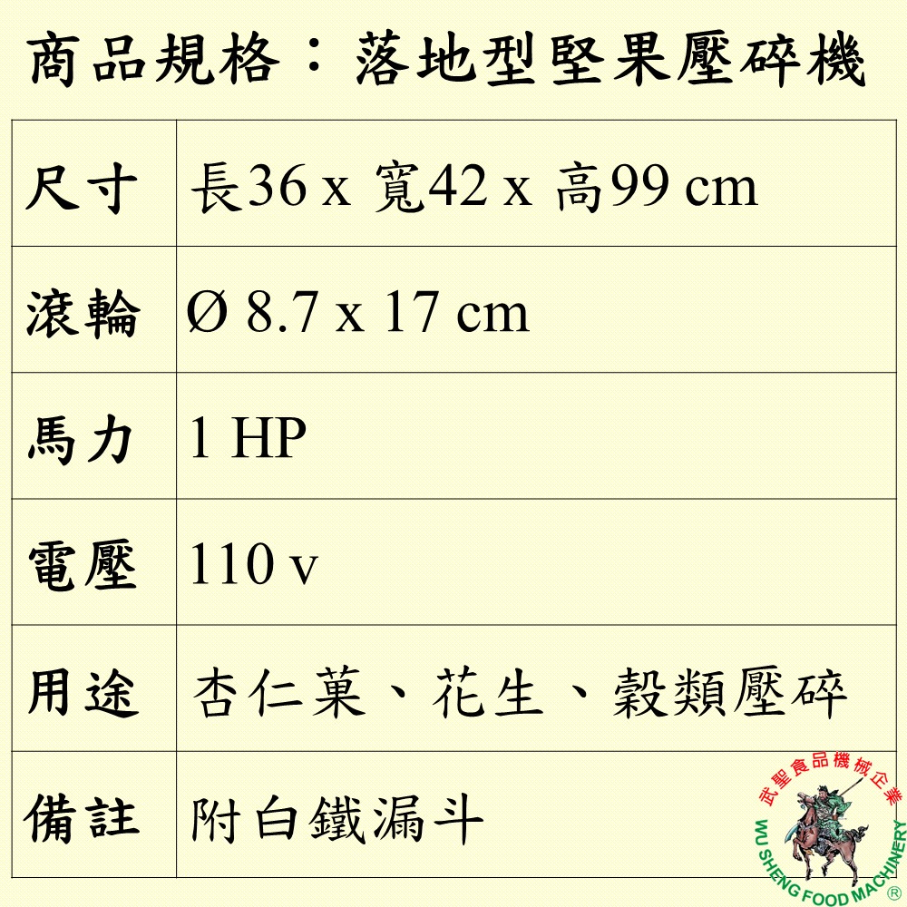 [武聖食品機械]落地型堅果壓碎機 (粉碎機/花生/杏仁菓/穀類/紅豆/綠豆 )-細節圖2