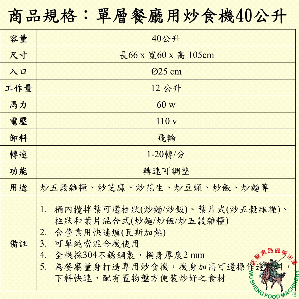 [武聖食品機械]單層餐廳用炒食機40公升 (混合機/攪拌機/炒菜機/炒飯機/炒麵/糖炒栗子/花生 )-細節圖2