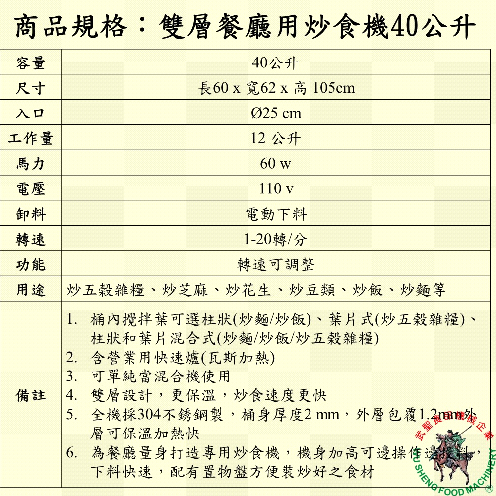 [武聖食品機械]雙層餐廳用炒食機40公升 (混合機/攪拌機/炒菜機/炒飯機/炒麵/糖炒栗子/花生 )-細節圖2