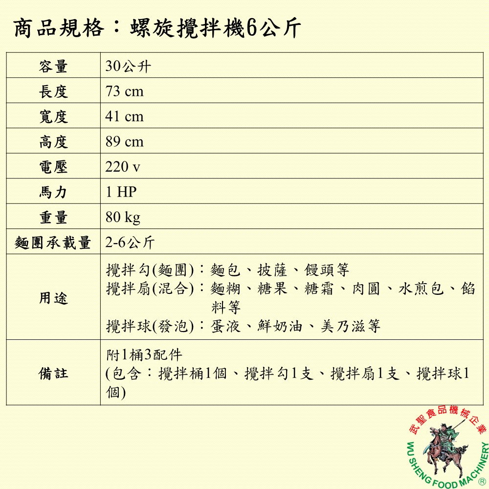 [武聖食品機械]螺旋攪拌機6公斤 (桶容量30公升/電動攪拌機 )-細節圖2