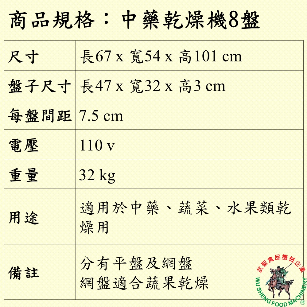 [武聖食品機械]中藥乾燥機8盤 (蔬果乾燥機/水果乾燥機 )-細節圖2