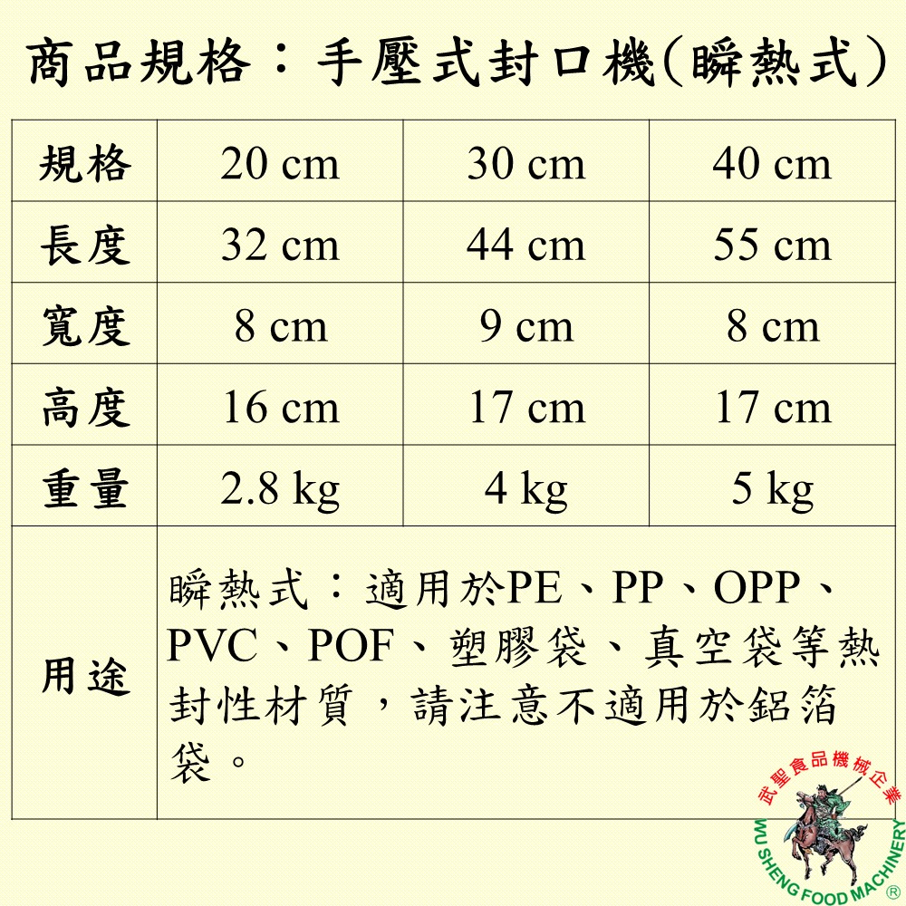 [武聖食品機械]手壓式封口機(瞬熱式) (PE/PP/OPP/PVC/POF/塑膠袋/真空袋 )-細節圖2