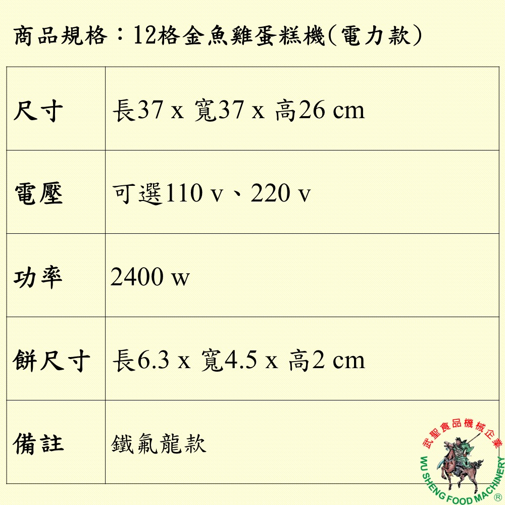 [武聖食品機械]12格金魚雞蛋糕機(電力款)-細節圖2
