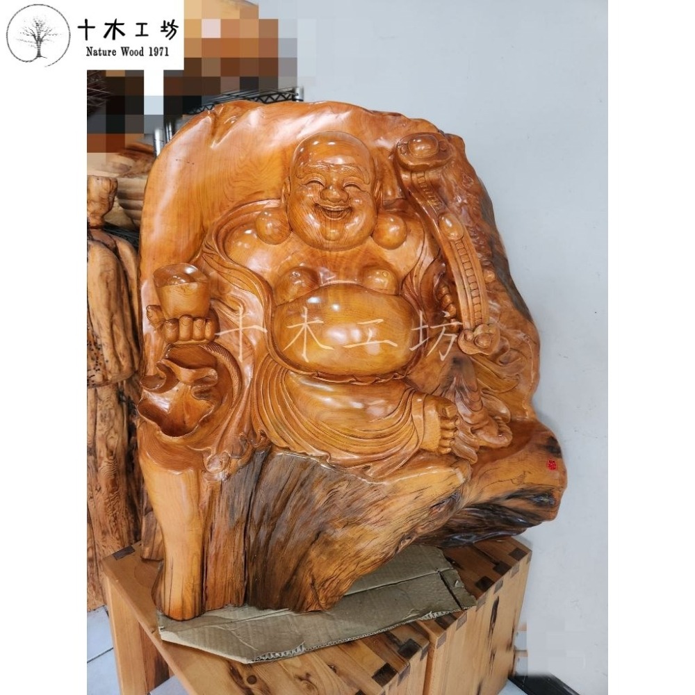 【十木工坊】福進財進福氣財神到－台灣檜木財神-黃檜  hinoki-高90寬85cm－－－歡喜佛.彌勒佛-細節圖2