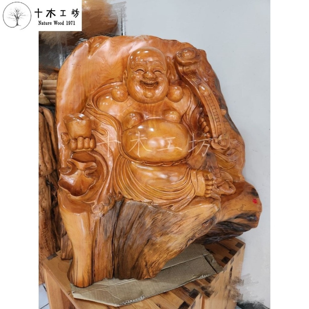 【十木工坊】福進財進福氣財神到－台灣檜木財神-黃檜  hinoki-高90寬85cm－－－歡喜佛.彌勒佛-細節圖3