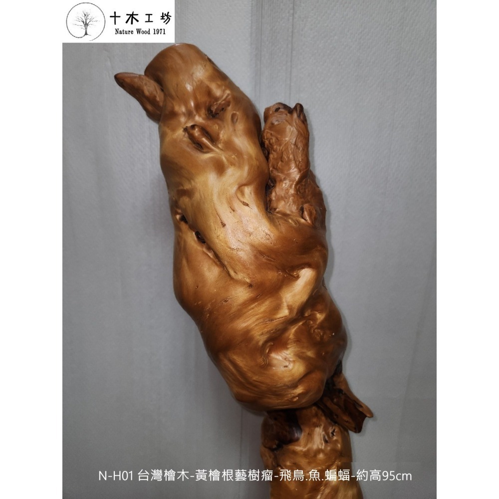 【十木工坊】台灣檜木-黃檜根藝樹瘤-飛鳥.魚.蝙蝠-約高95cm-N-H01-裝置藝術.造型藝術.風水財位-細節圖3