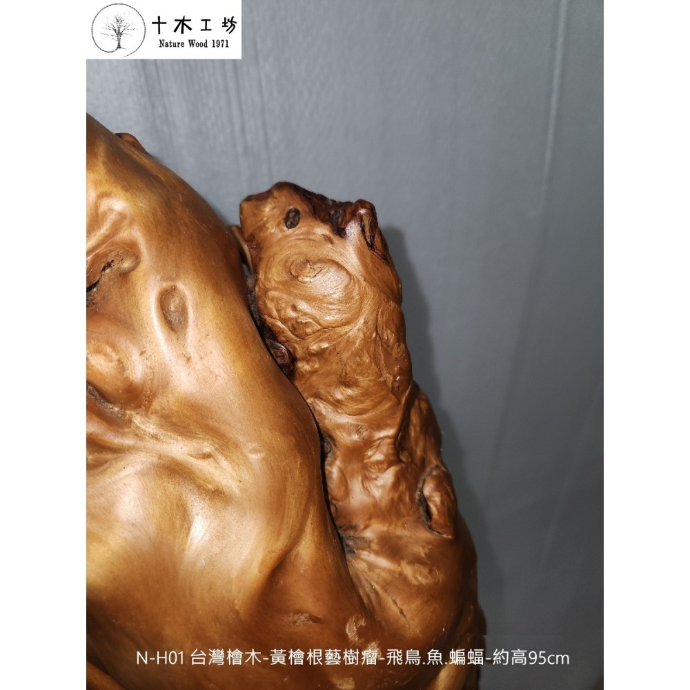 【十木工坊】台灣檜木-黃檜根藝樹瘤-飛鳥.魚.蝙蝠-約高95cm-N-H01-裝置藝術.造型藝術.風水財位-細節圖4